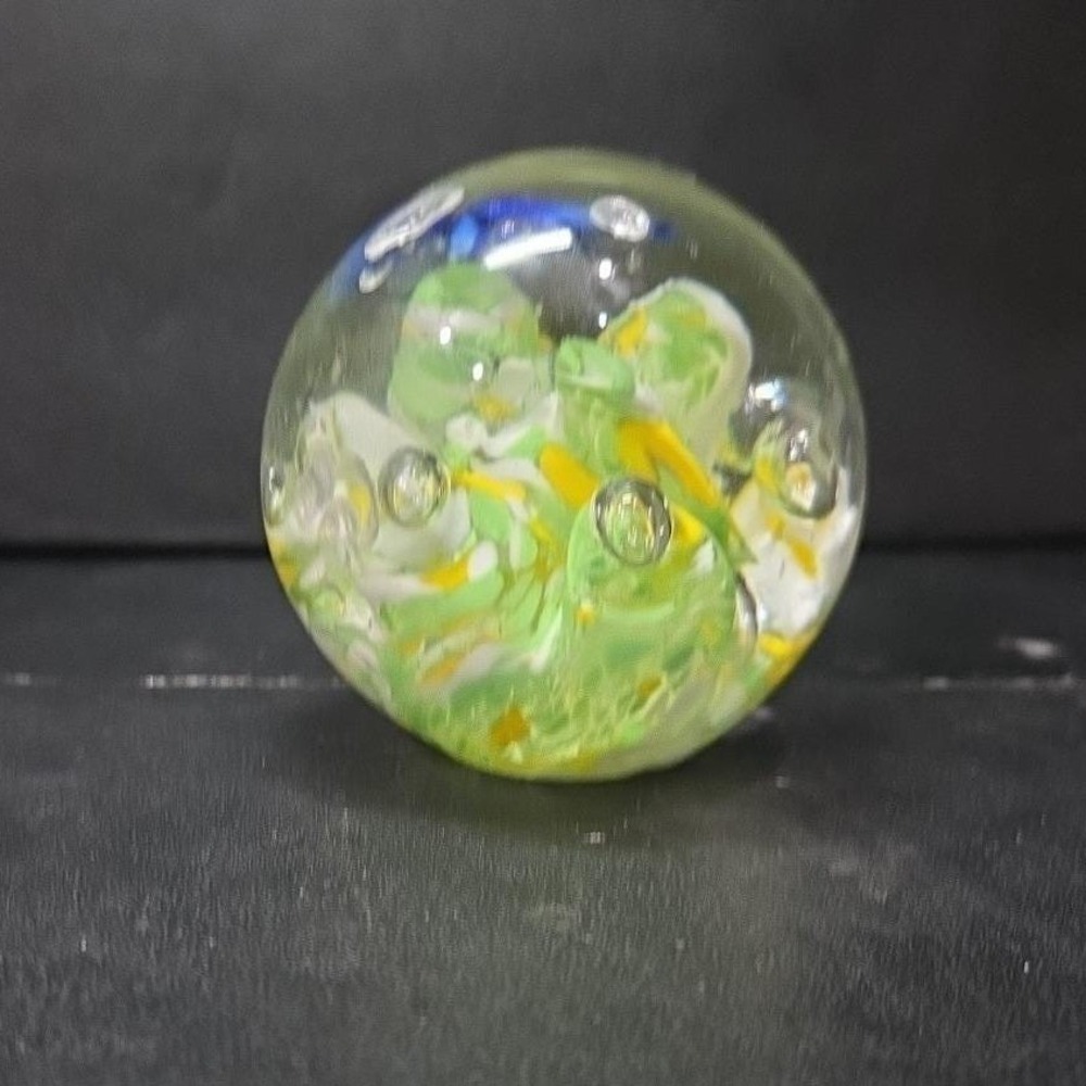 Dolphin with Green Yellow Waves Round Paperweight, Controlled Bubbles Sculpture - Picture 5 of 11